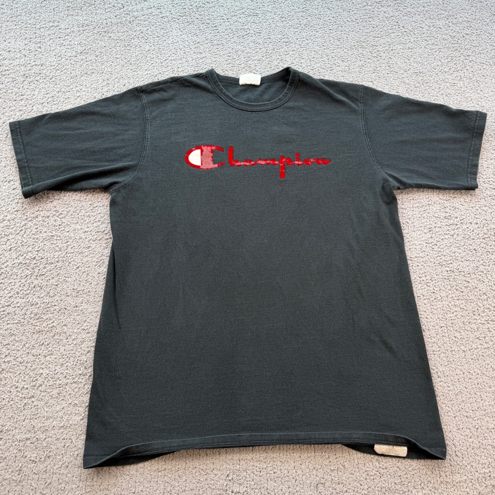 Champion Mens XL Black T-Shirt Red Flocked Script Logo Vintage 2000s Y2K